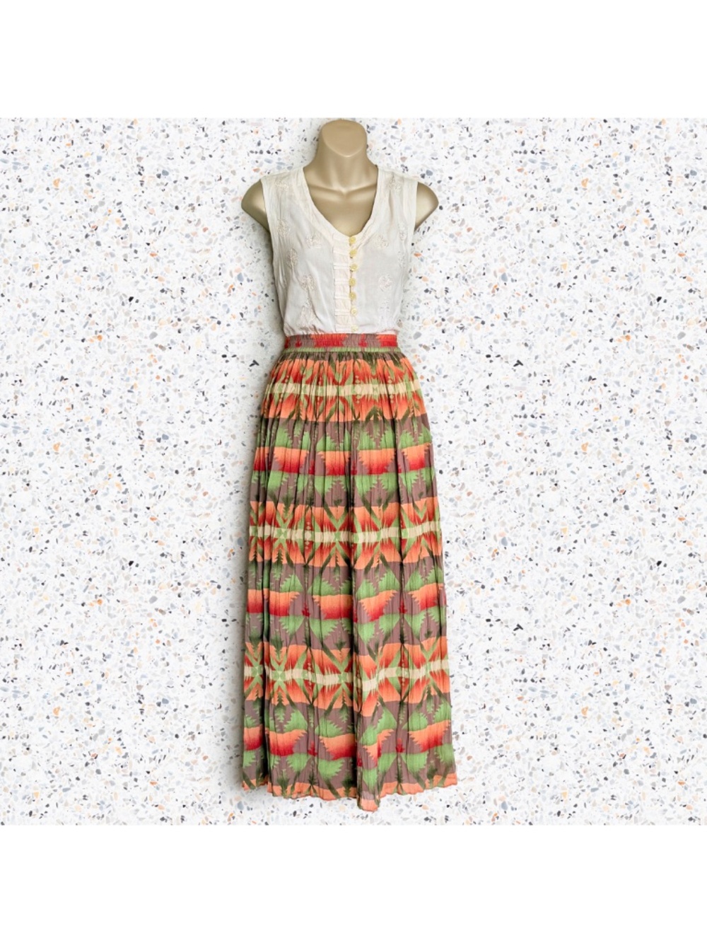 VTG 90s Aztec Southwestern Crinkle Gauze Maxi Broomstick Skirt Boho Hippie Sz M